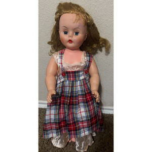 Vintage 25" Unmarked Doll Child size 1960s sleepy eyes plaid dress plastic